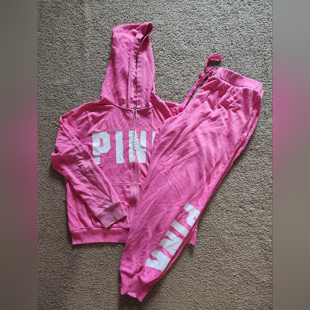 PINK Victoria's Secret Hot Pink Hoodie & Jogger Set with White Logo
